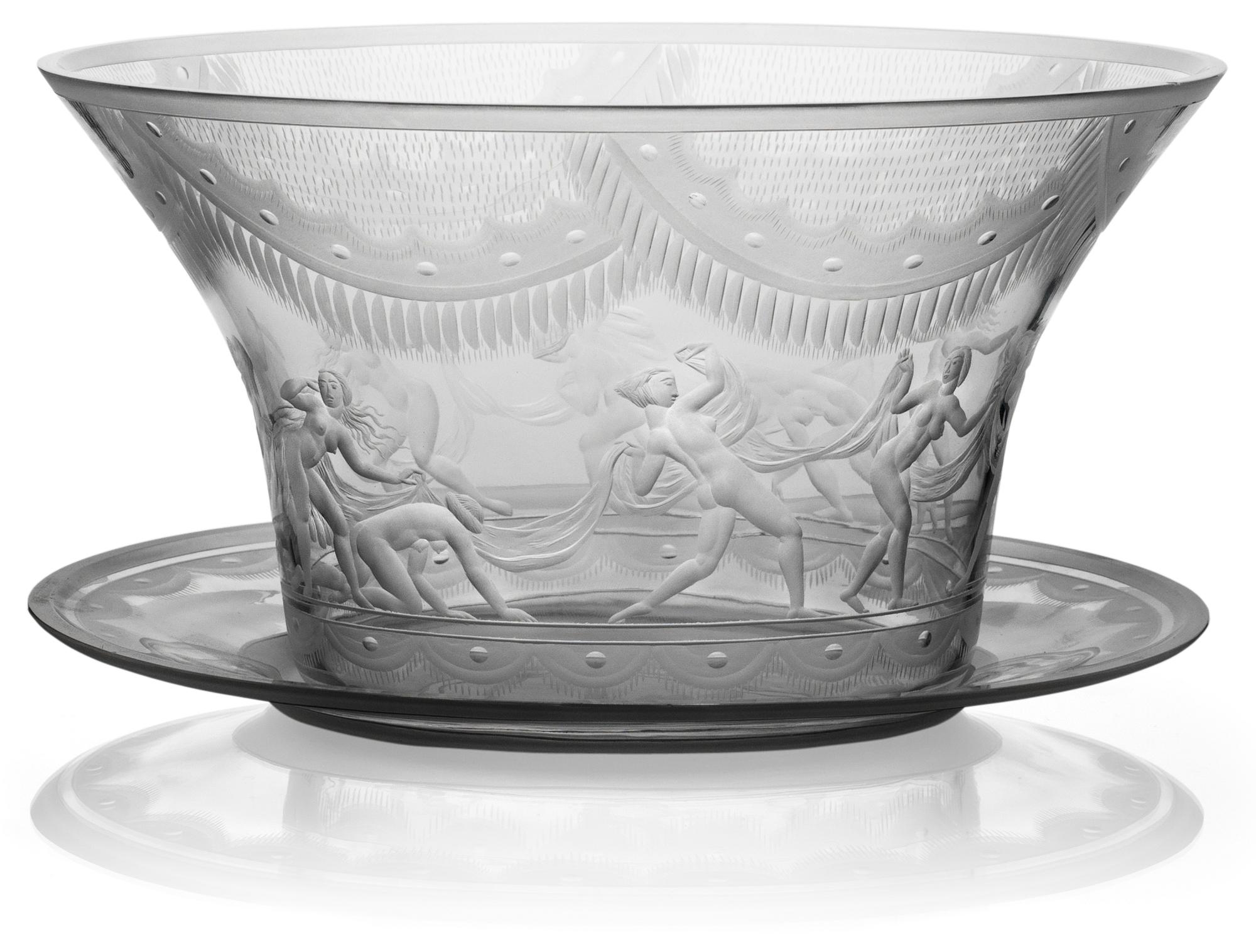 A Simon Gate engraved glass bowl with stand, "Slöjdansen", Orrefors 1924.