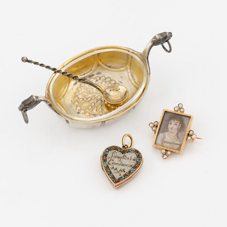 Pendant, brooch, and salt cellar, 18th - 19th century.