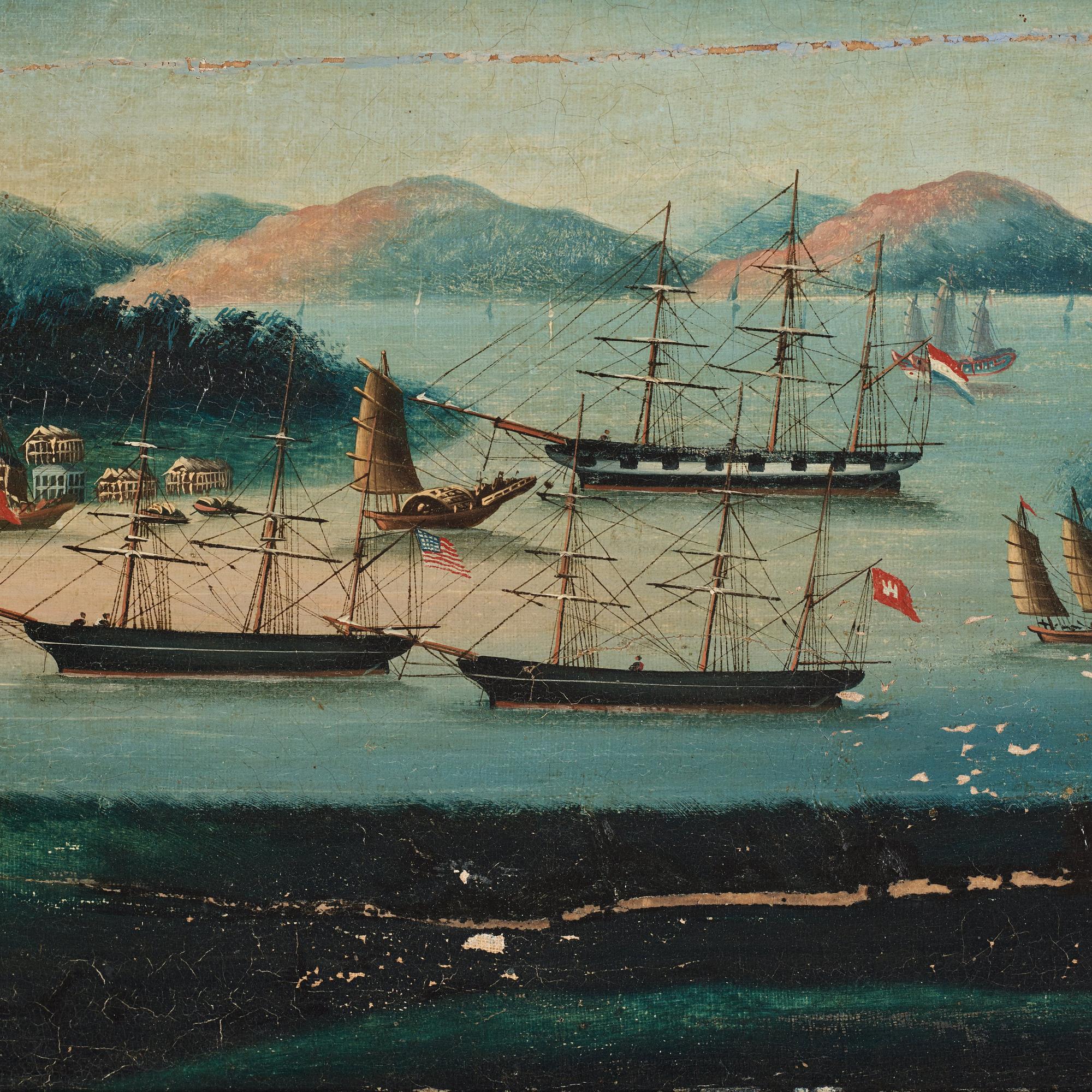 A oil painting of Whampoa Anchorage, Chinese School, Qing dynasty, 19th Century.