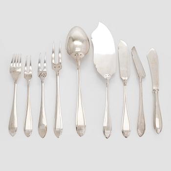 Fish cutlery and serving utensils, totally 37 pieces, silver, Czechoslovakia, 1950s.