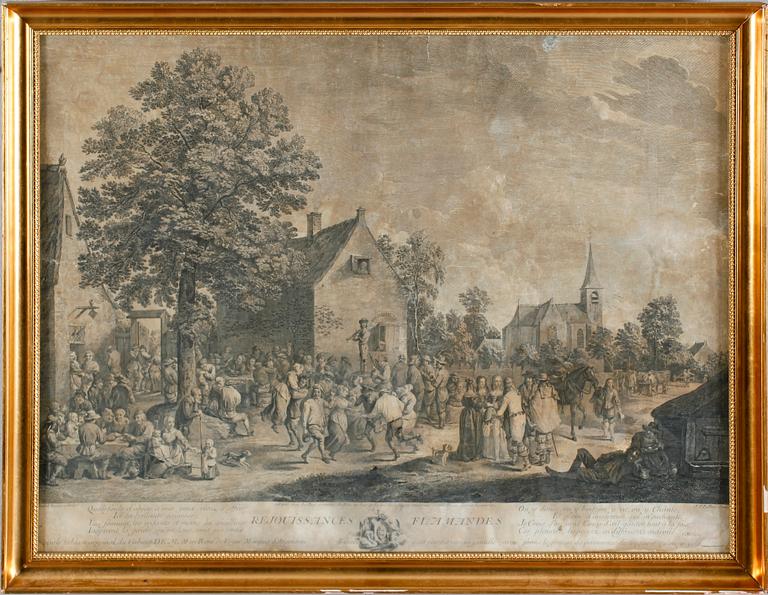 TAVLA, kopparstick, efter David Teniers, 1700-tal.