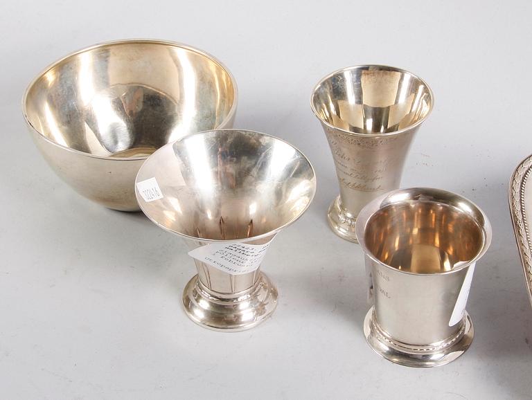 PARTI SILVER, 6 delar. Bägare samt skålar. Bl a CG Hallberg, GAB, Stockholm.