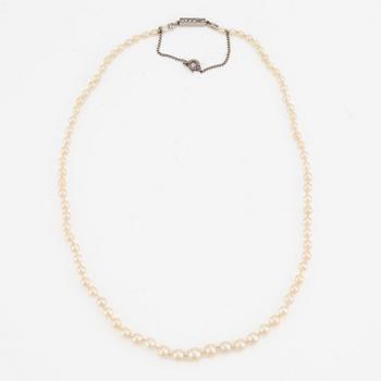 Necklace with cultured graduated pearls, white gold clasp with rose-cut diamonds.