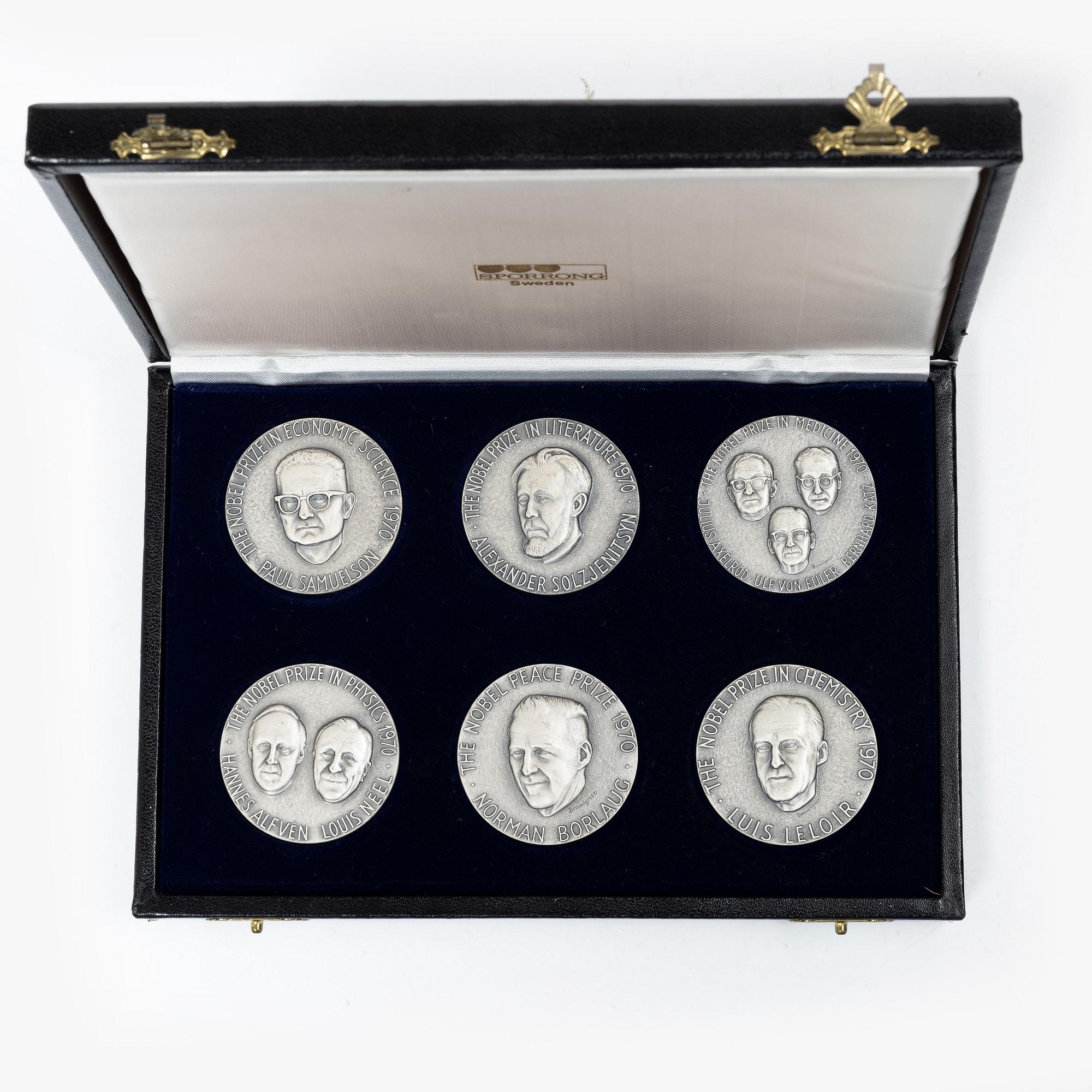 Minnesmedaljer, 6 st, silver, "1970 års Nobelpristagare", Sporrong, Norrtälje 1971.