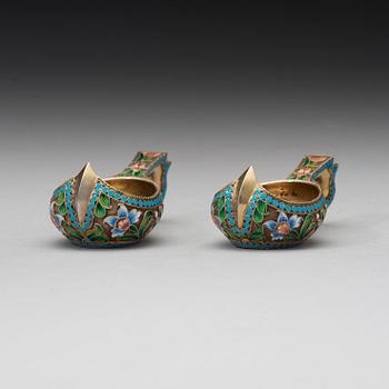 A pair of Russian silver-gilt and enameled kovsch/salts, unidentified makers mark, Moscow 1899-1908.