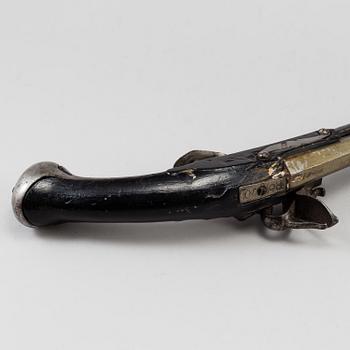 One flint lock postol, late 18th ct, and one percussion pistol, 19th ct.