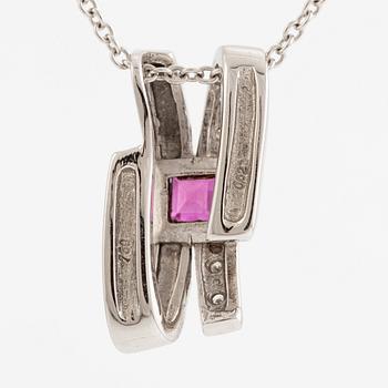 Pendant, 18K white gold with ruby and small diamonds, with chain 18K white gold.
