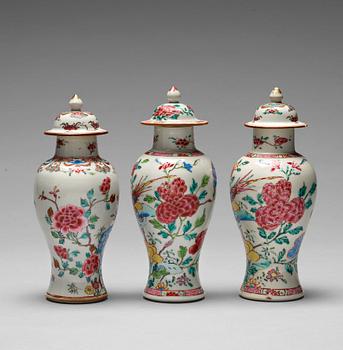 155. Three famille rose vases with covers, Qing dynasty, Qianlong (1736-95).