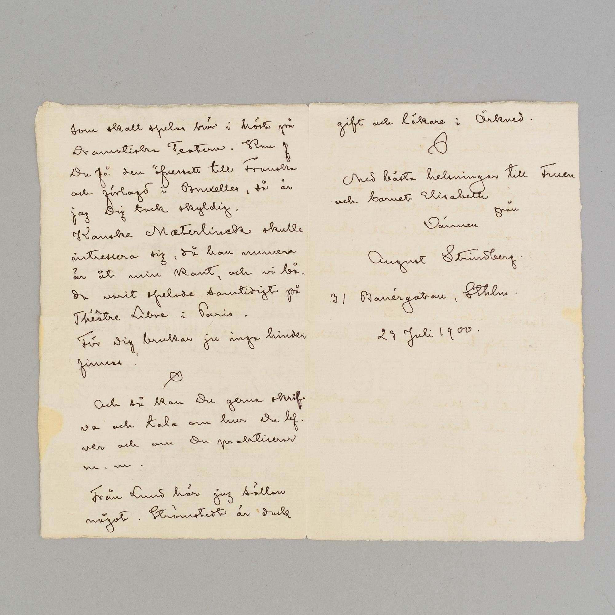 AUGUST STRINDBERG, brev, daterad 1900.