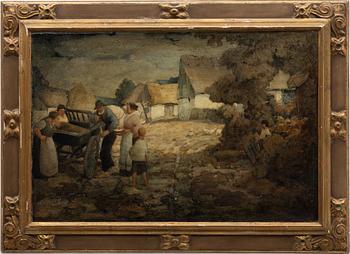 Gottfrid Olsson, Village scene with figures and cart.