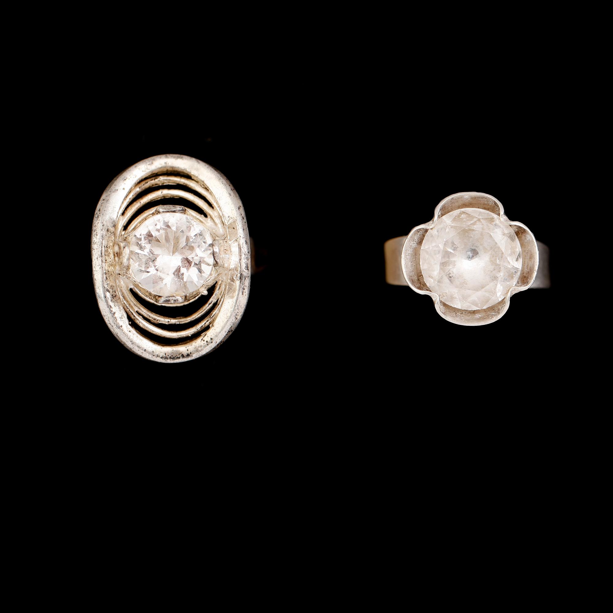 RINGAR, 2 st, silver, Alton, med bergkristaller, 1970-tal. Total vikt ca 15 gram.