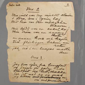 EVERT TAUBE, teckning samt låttext, 3 delar, 2 blad signerade.