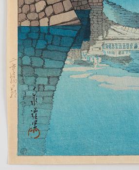 Kawase Hasui (1883-1957), Morning at Nijubashi Bridge, coloured woodblock print, Japan, 20th Centuy.