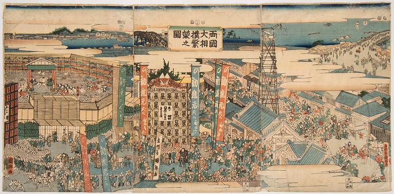 UTAGAWA KUNISATO (?-1858), triptych, color woodblock print. Japan, 1853. 'Kokugikan'.