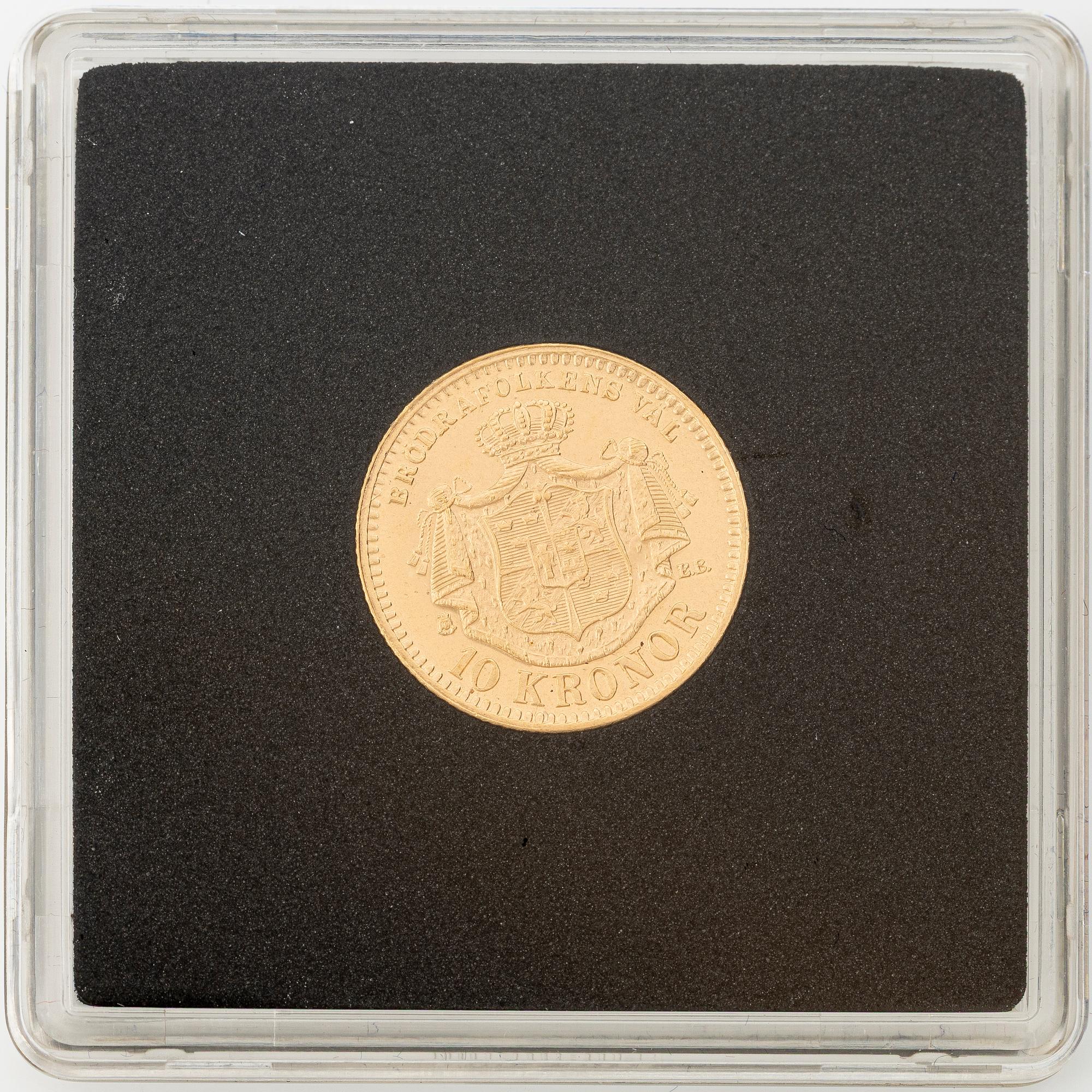 Gold coin, Oscar II, 10 kronor, type II, Sweden 1883.