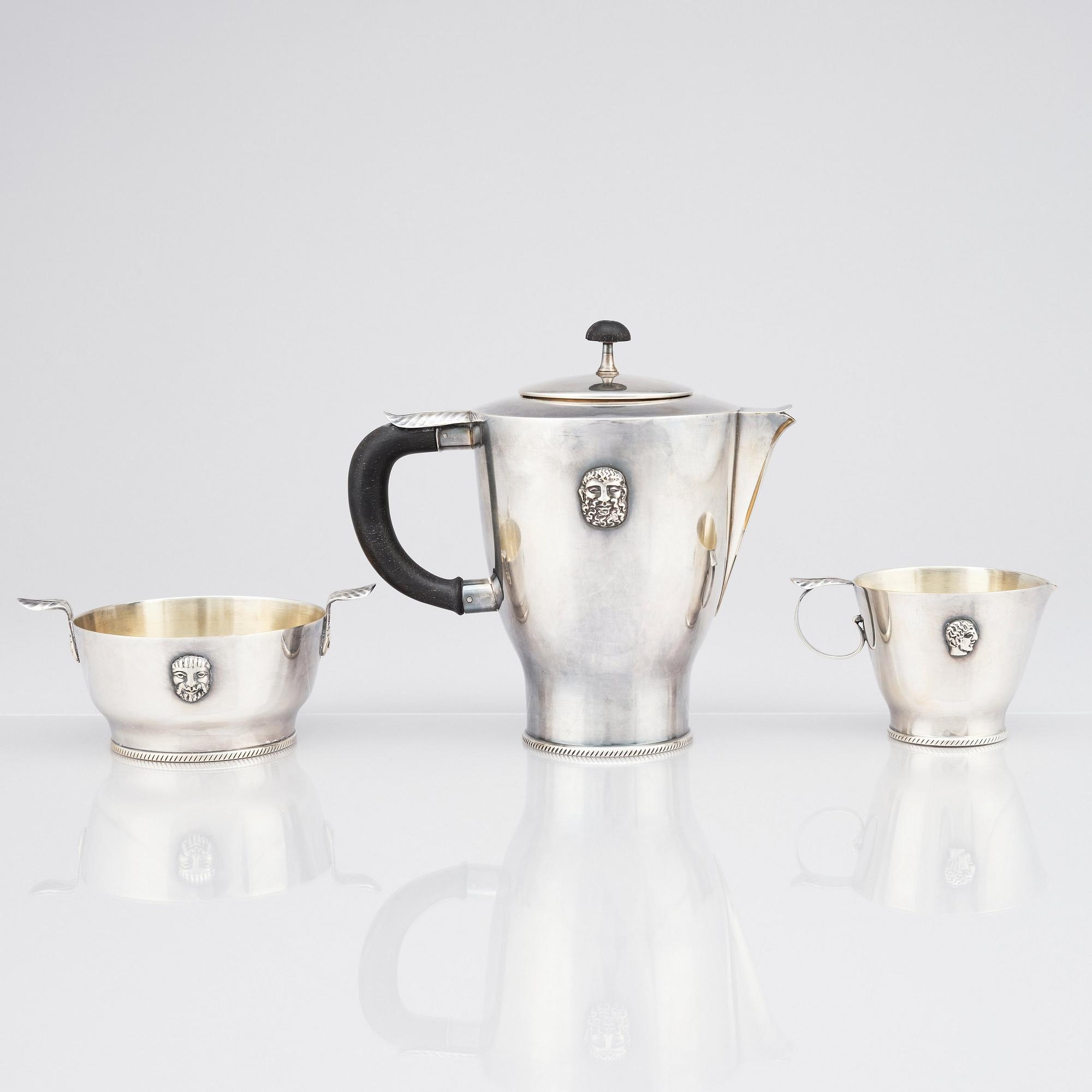 Wolter Gahn, kaffeservis, tre delar, nysilver, Swedish Grace, Karl Wojtech, Stockholm 1920-tal.