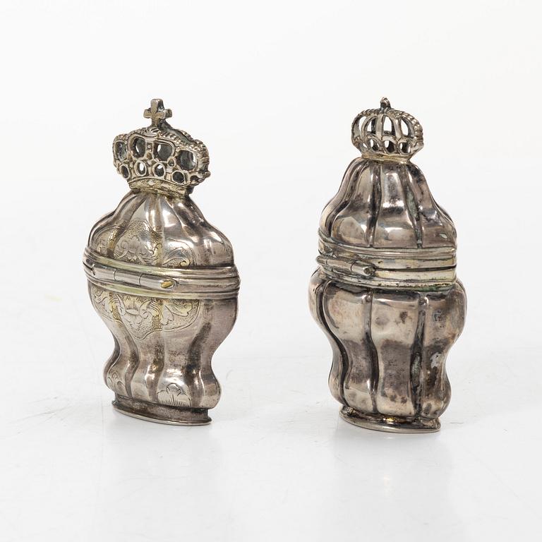 Two silver snuff boxes, probably Denmark and one with Swedish hallmark, 18th/19th Century.