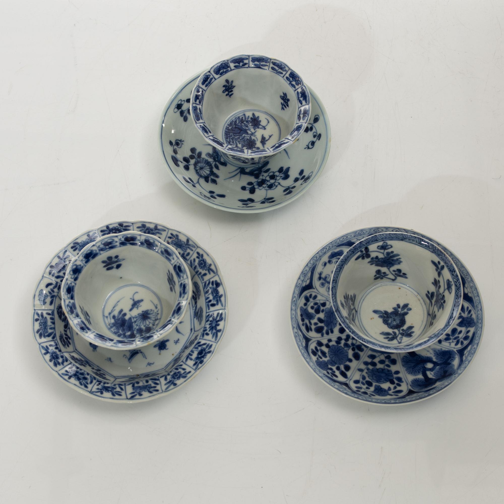 Tre koppar och tre fat, porslin, Kina, Qingdynastin, Kangxi (1662-1722).