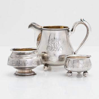 A silver cream jug and two salt cellars, Saint Petersburg, Kostroma and Moscow 1872 - 1910.