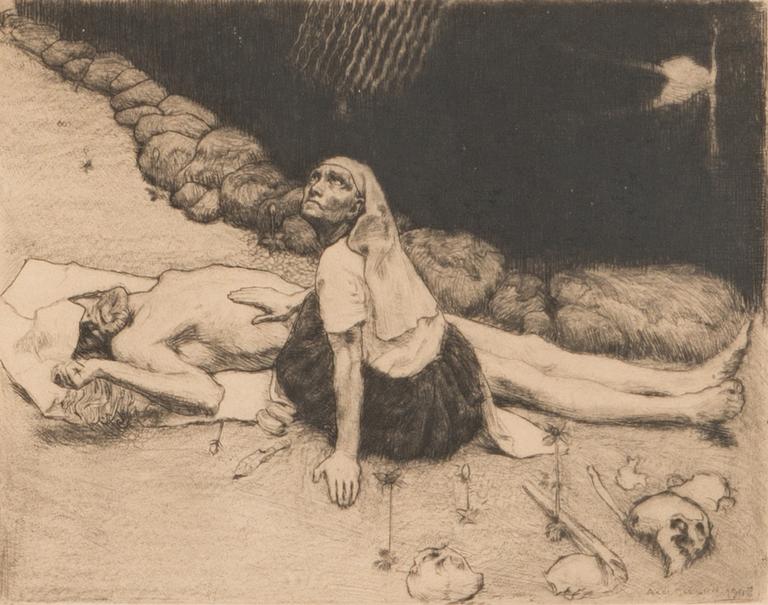 Akseli Gallen-Kallela, linjeetsning och torrnål, plåtsignerad och daterad 1905. Blyertssignerad med dedikation.