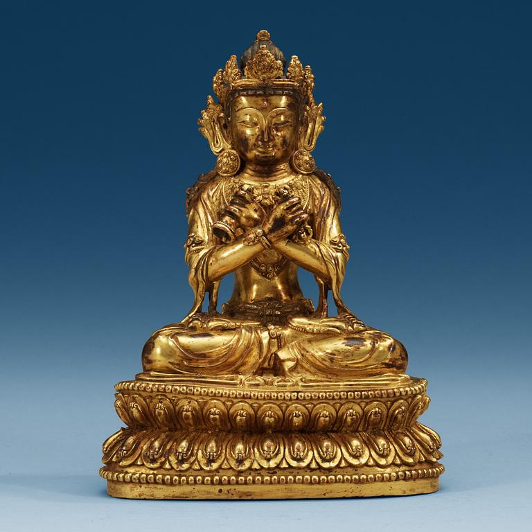 A gilded bronze seated Vajrasattva, Republic, 20th Century, with Yongle six character mark.