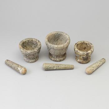 THREE SWEDISH GREEN MARBLE MORTARS AND PESTLES.