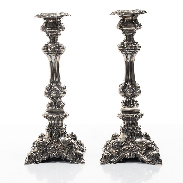 Gustaf Theodor Folcker, a pair of baroque style silver candle sticks, Stockholm, Sweden, 1846.