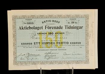 PARTI AKTIEBREV, ca 20 st, bla "Göteborgs Nya Ångslups Aktiebolag", Sverige 1880-1920-tal.