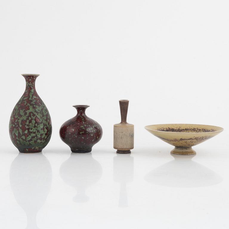 Sven Wejsfelt, a set of three stoneware vases and a bowl, Gustavsbergs studio, 1970's-80's.