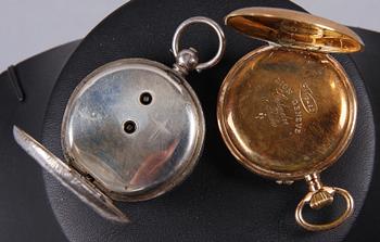 DAMFICKUR, 2 st, guld 14K resp silver. Omkring 1900.