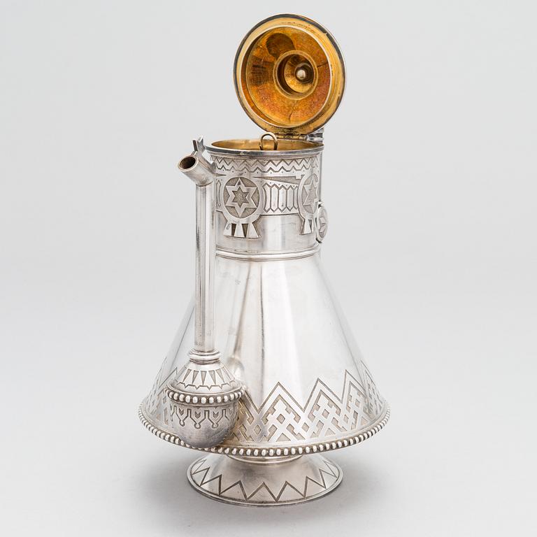 A Russian silver coffee pot, Saint Petersburg 1875, presumably maker's mark of Pyotr Ivanov.