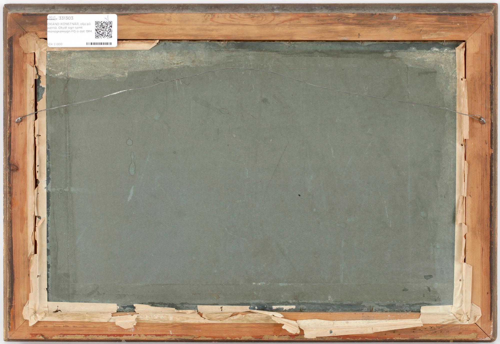 OKÄND KONSTNÄR, olja på pannå. Otydl sign samt monogramsign FG o dat 1914.