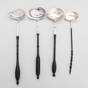 Four silver ladles, Sweden and England, 18th and 19th centuries.