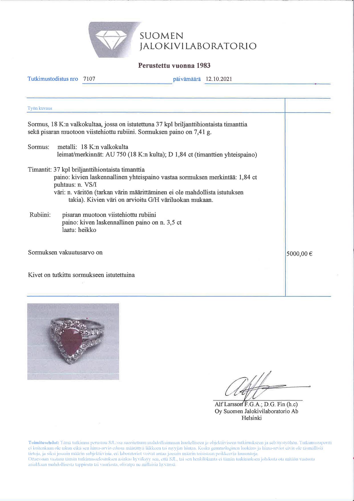 Sormus, 18K valkokultaa, timantteja n. 1,84 ct yht ja rubiini n. 3.50 ct.