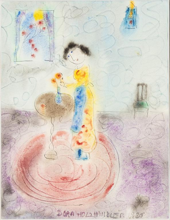 Dora Holzhandler, ink & watercolour on papaer, signed and dated 1980.