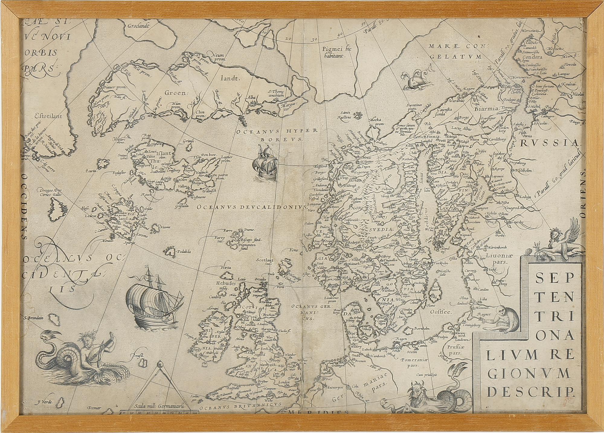 KARTA, 1500-talets slut. "Septentrionalivm regionvm descrip", Abraham Ortelius. Antwerpen, 1500-tal.