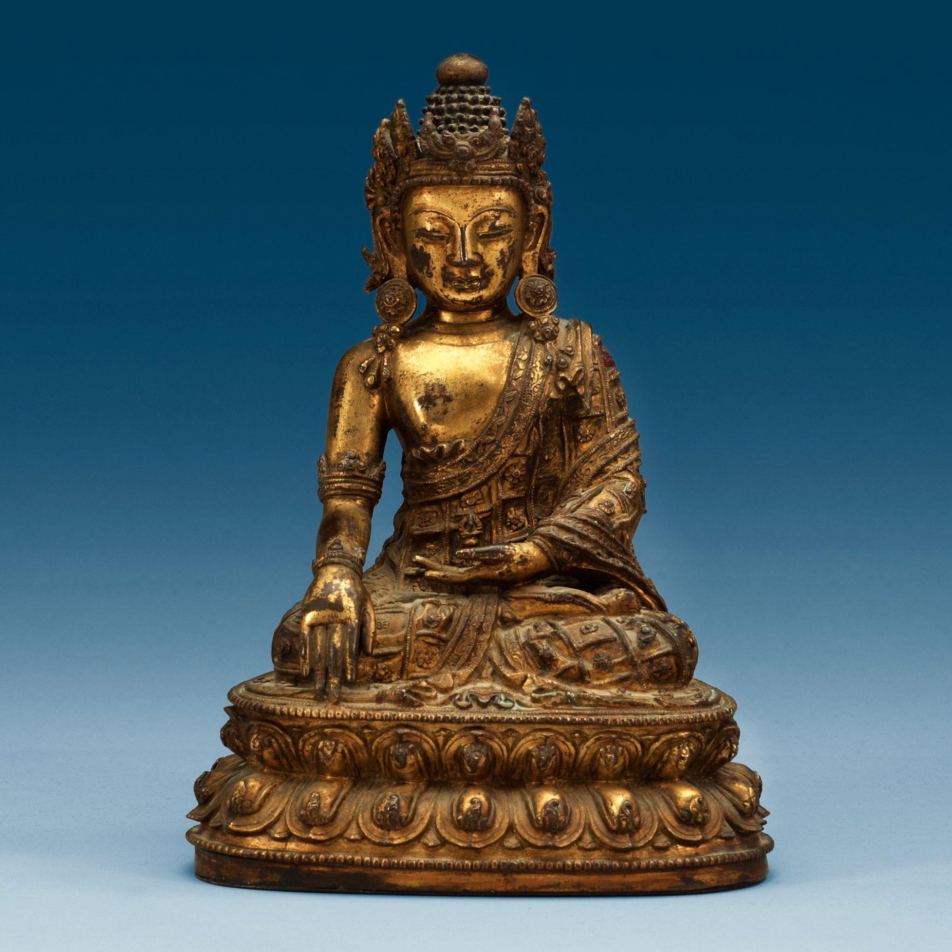 A Tibetan gilt bronze figure of Bodhisattva, presumably 17/18th Century.