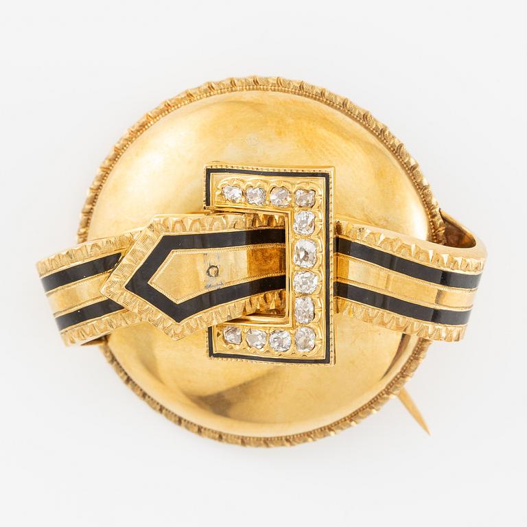 Brooch 18K gold with enamel and old-cut diamonds.