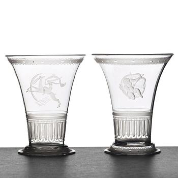 7. Simon Gate, two Swedish Grace engraved glass beakers, Orrefors, Sweden 1924.