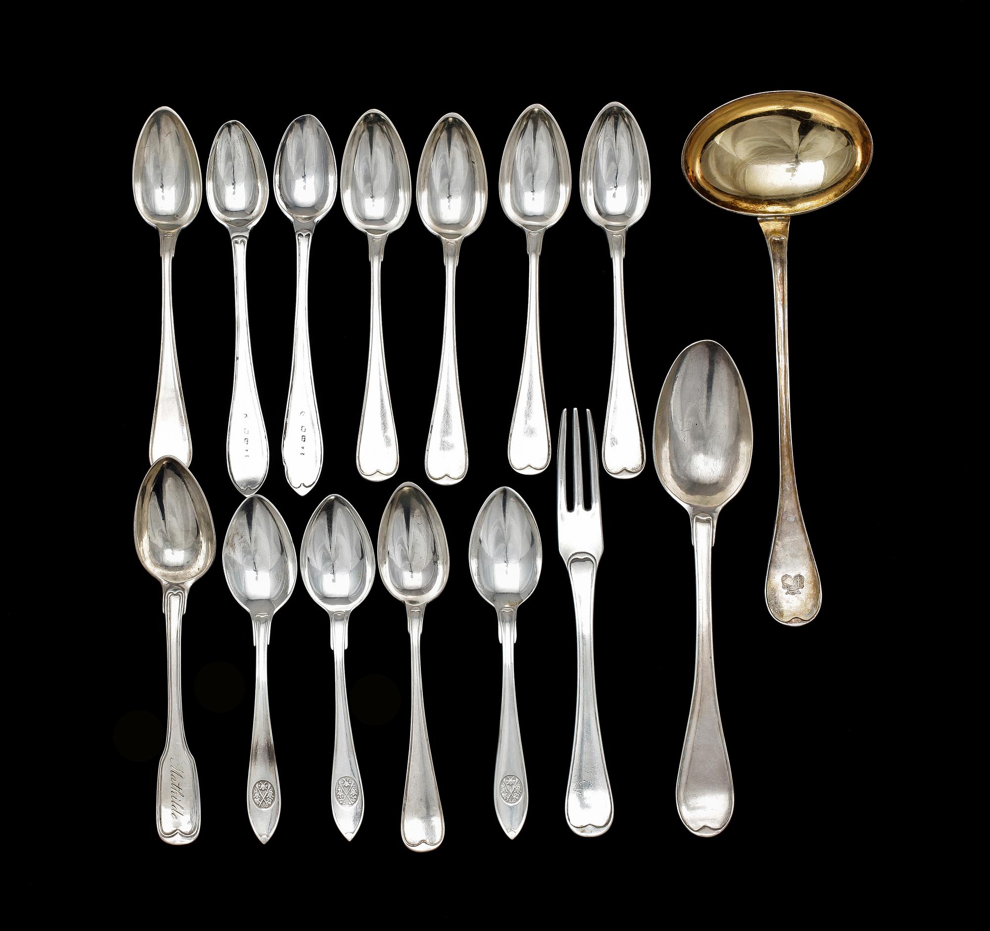 BESTICK, 15 st, silver, bla J. Henrik Frodell i Stockholm. 1700-1900-tal. Totalvikt ca 365 g.