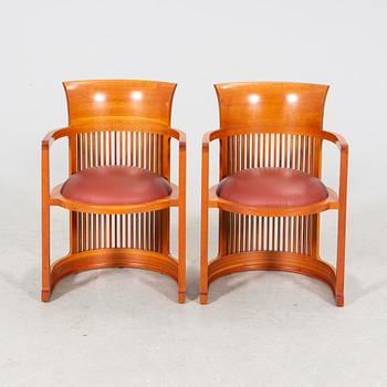 Frank Lloyd Wright Armchairs, "606 Barrel Taliesin", a pair, for Cassina 1986, Signed and numbered 18361 and 18657.