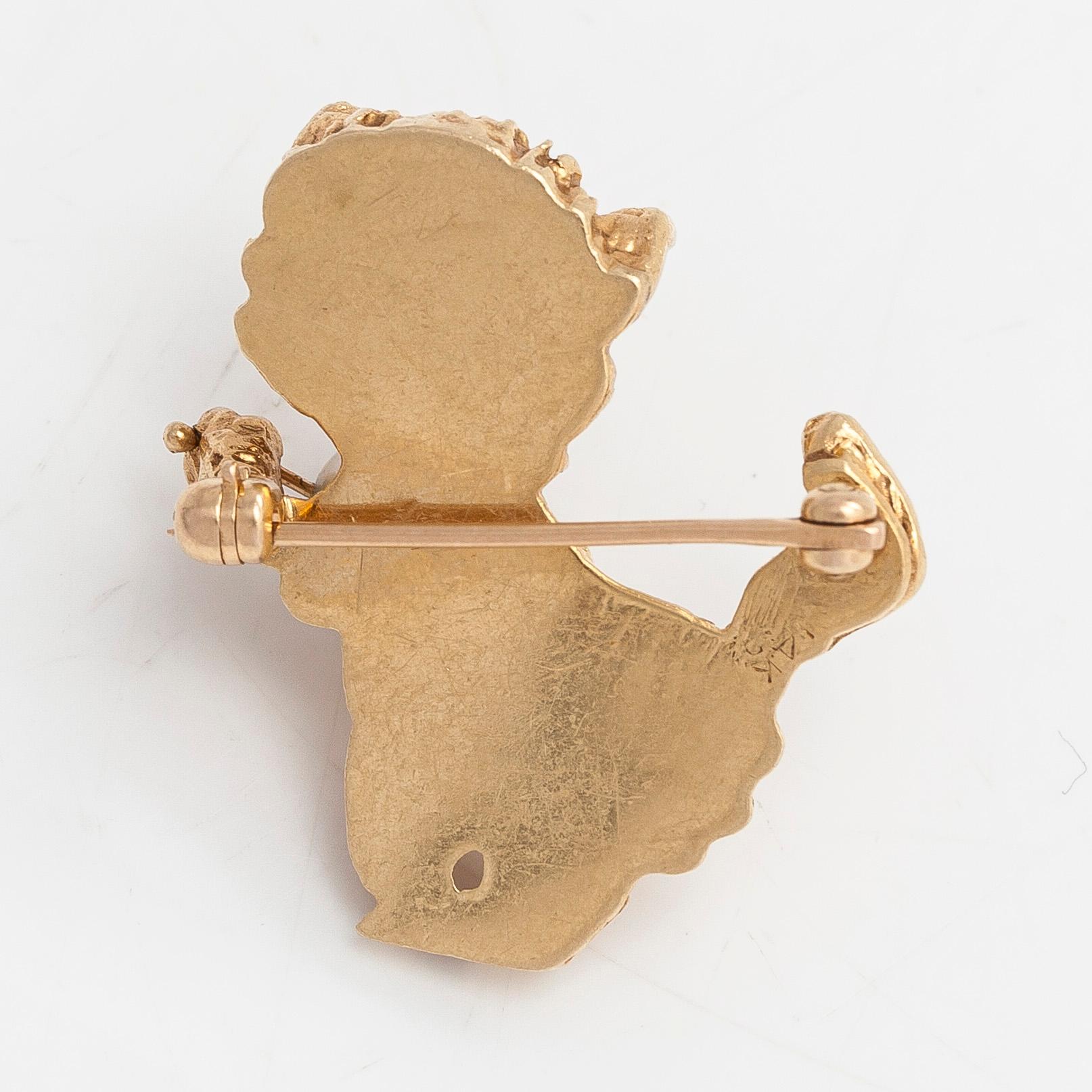 Brosch, katt, 14K guld, odlad pärla och safirer.