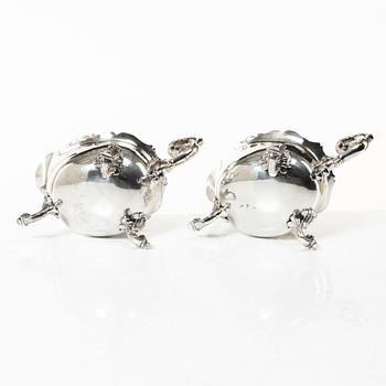 A pair of 18th century silver sauce boats, Richard William, Ireland, spoons, Peter & William Bateman, London 1807.