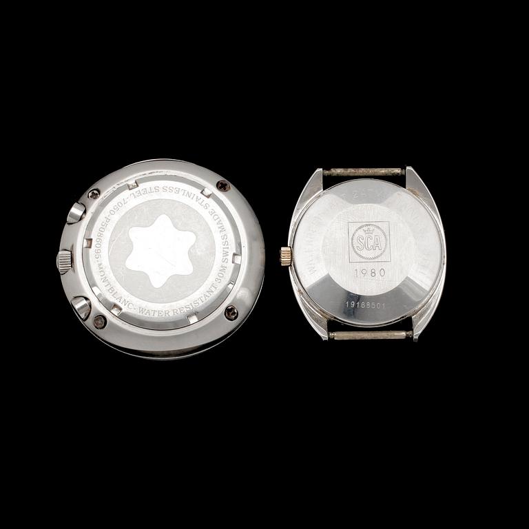 HERRARMBANDSUR, 2st, Longines Flagship, guld på stål. 1980 samt Montblanc 7050.