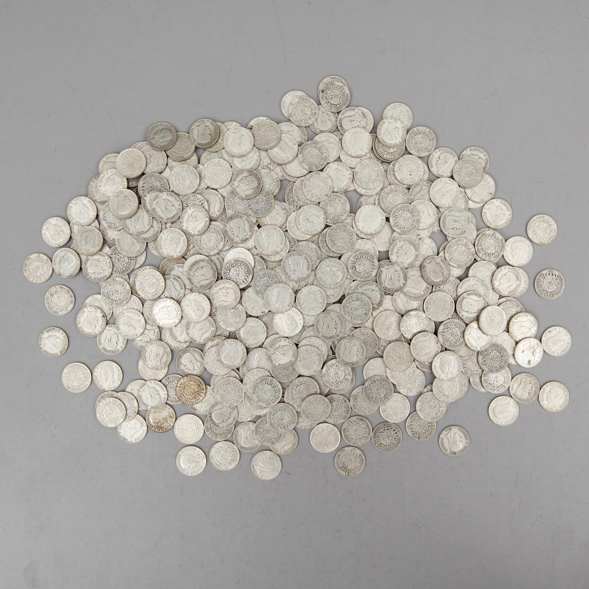 SAMLING SILVERMYNT, enkronor, Gustaf V, 1910-1941. Vikt ca 3000 gram.