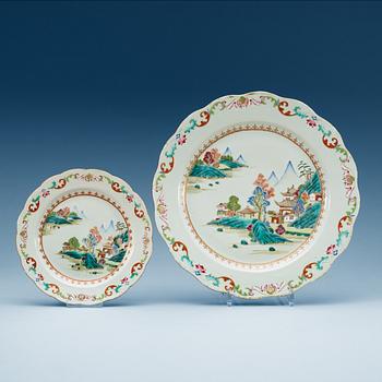 A set of eight famille rose plates and a serving dish, Qing dynasty, Qianlong (1736-95).