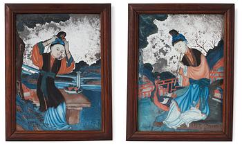 Two Chinese reverse glass mirror paintings, Qing dynasty, 19th Century.