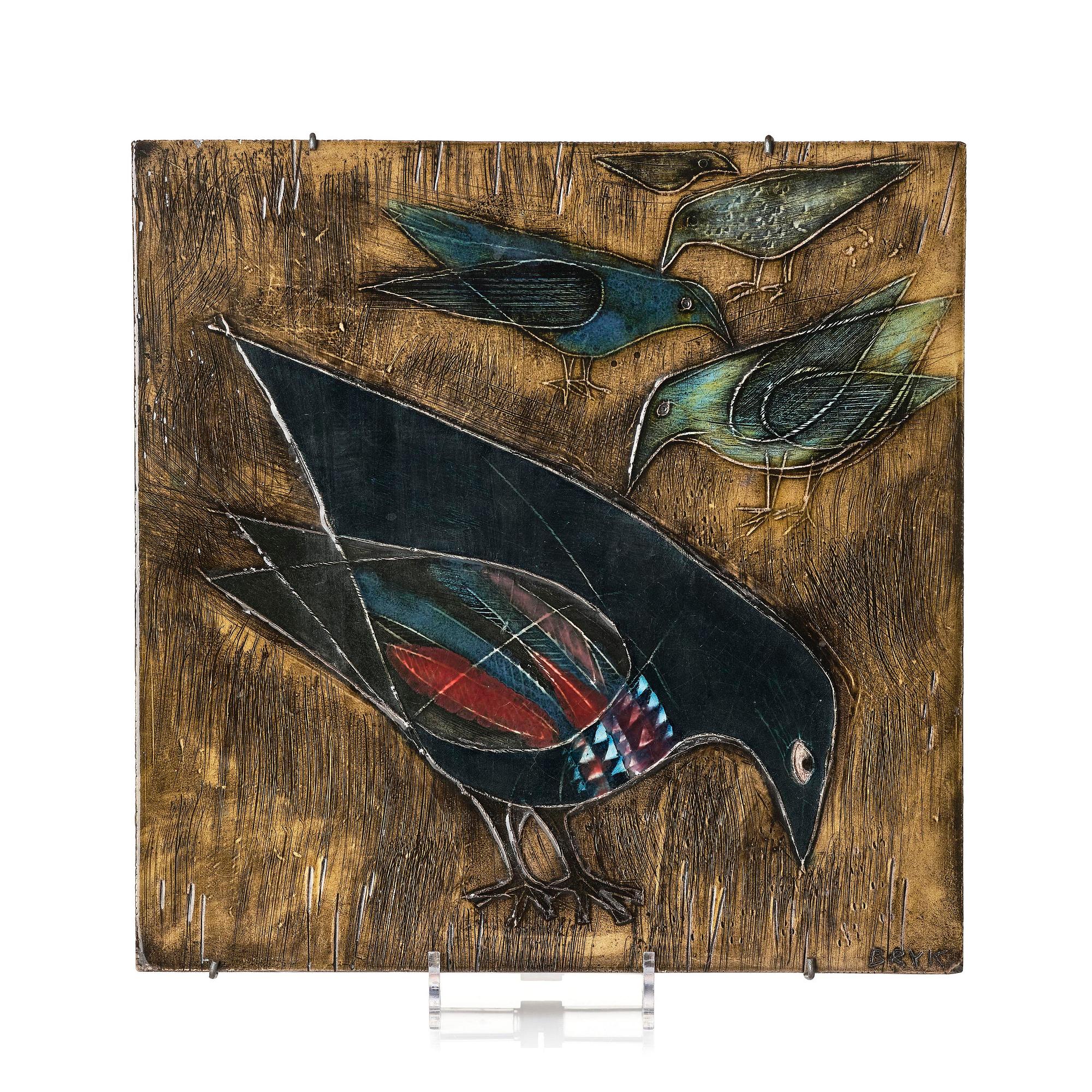 Rut Bryk, a stoneware relief depicting birds, Arabia, Finland, 1950s.