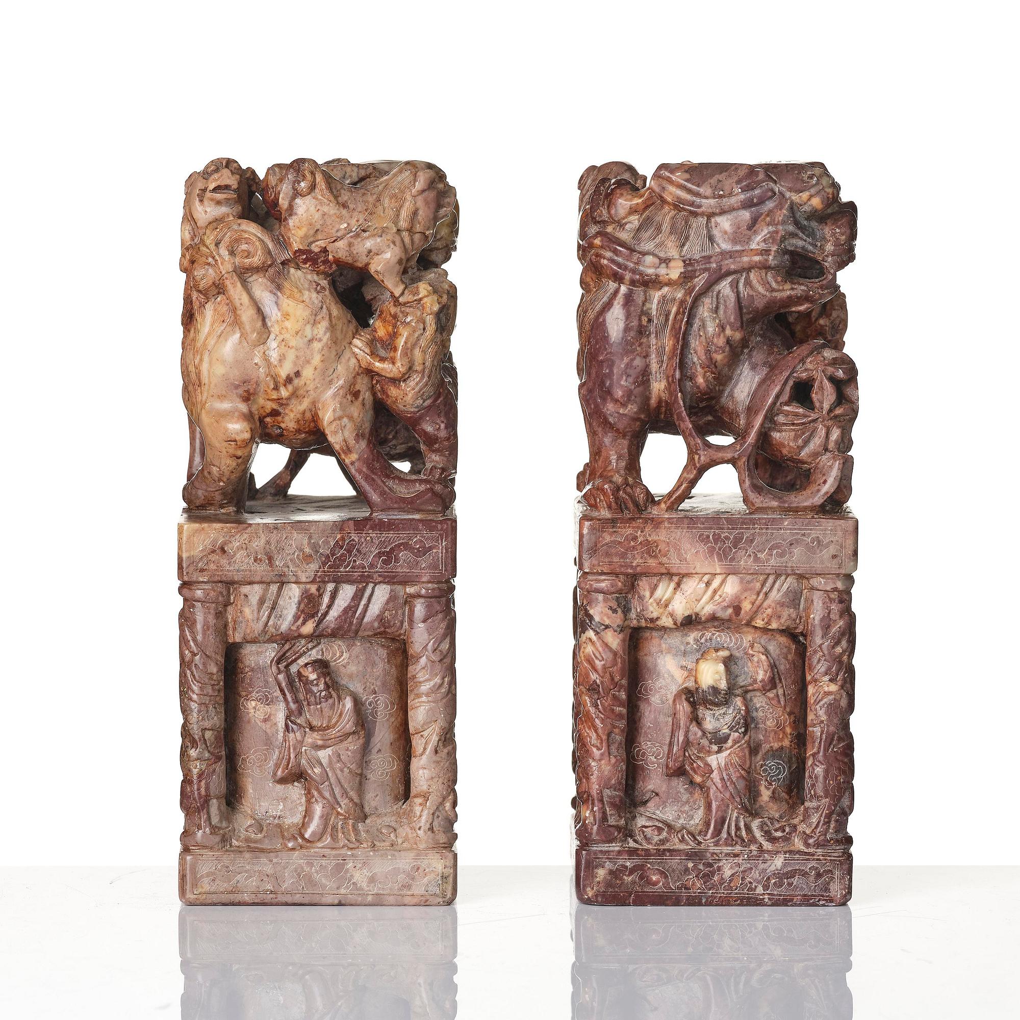 A pair of large soapstone seal stamps, late Qing dynasty/circa 1900.