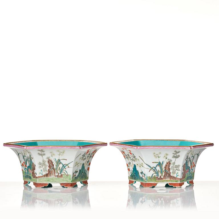 A pair of famille rose flower pots with stands, probably Republic, China, 20th Century.